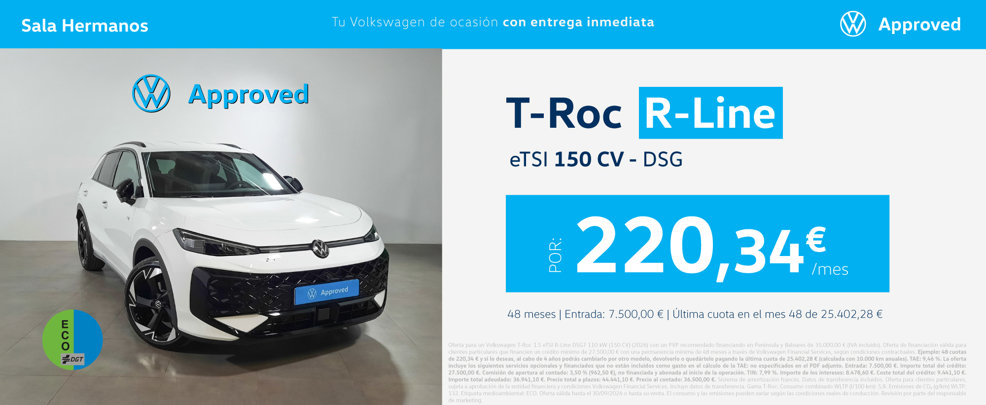 ¡Etiqueta ECO! Volkswagen T-Roc R-Line 150 CV DSG por 220 €/mes